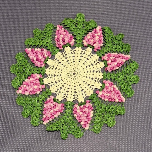 Handmade Other - Vintage Handmade Crochet Grape Doily Pink Green Cream Lace Table Topper 12 Inch